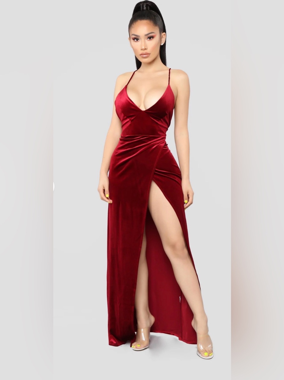 Fashion Nova Hot Pink Velvet Maxi Dress with Thigh Slit
